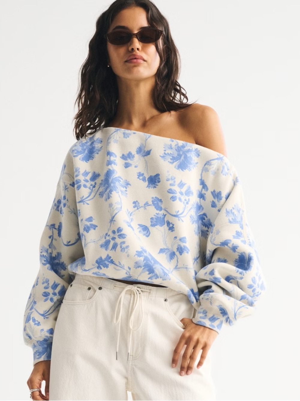 Abercrombie & Fitch Off‑the‑Shoulder Floral Sweater in Cream and Blue